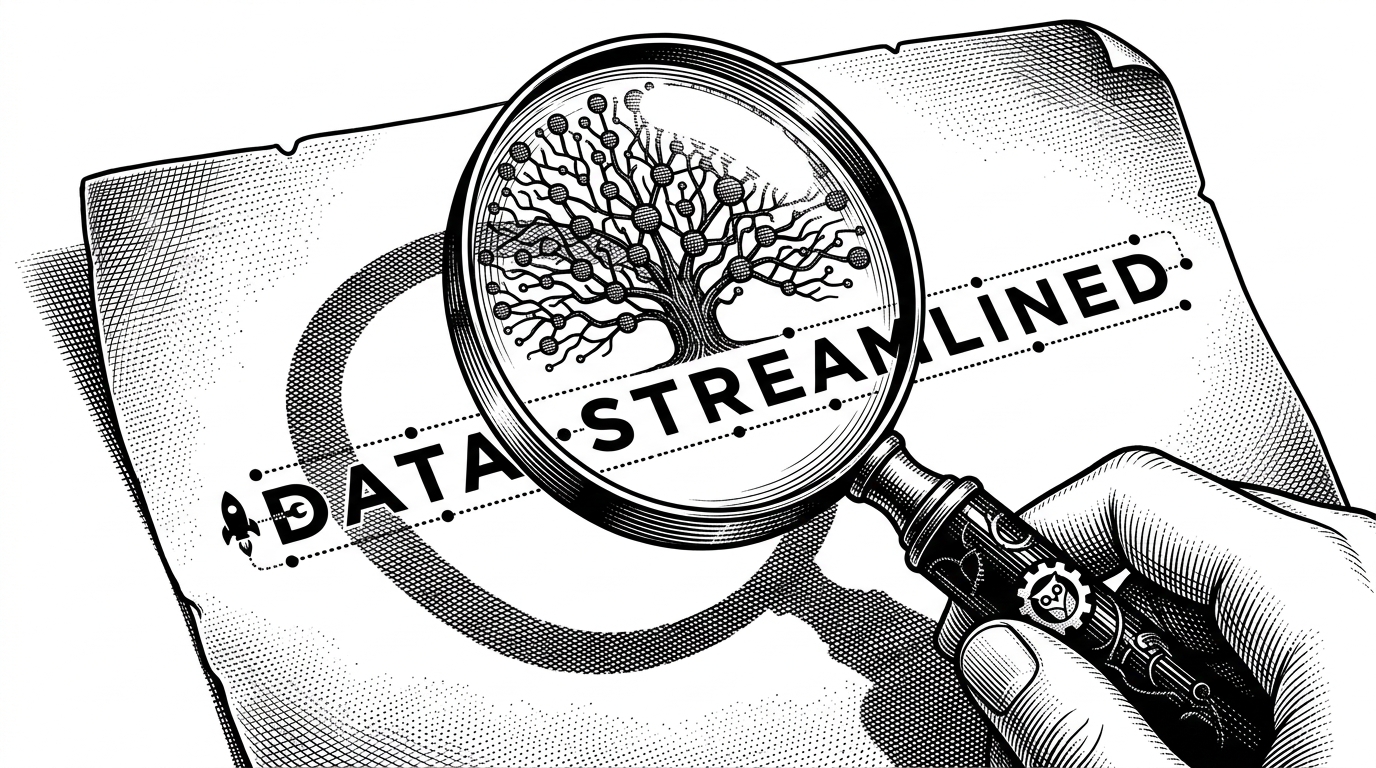 A close-up of a magnifying glass over a piece of parchment. The glass shows a complex tree structure, but the shadow it casts on the paper is a perfectly straight, efficient line of text with dots connecting the nodes.