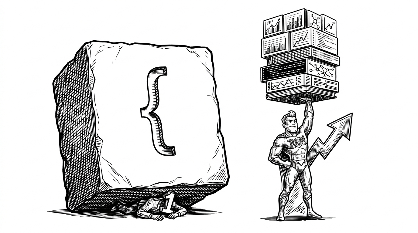 A giant heavy stone block carved with a single JSON bracket crushing a tiny number 1, next to a lean vertical pillar holding up massive amounts of data with ease.