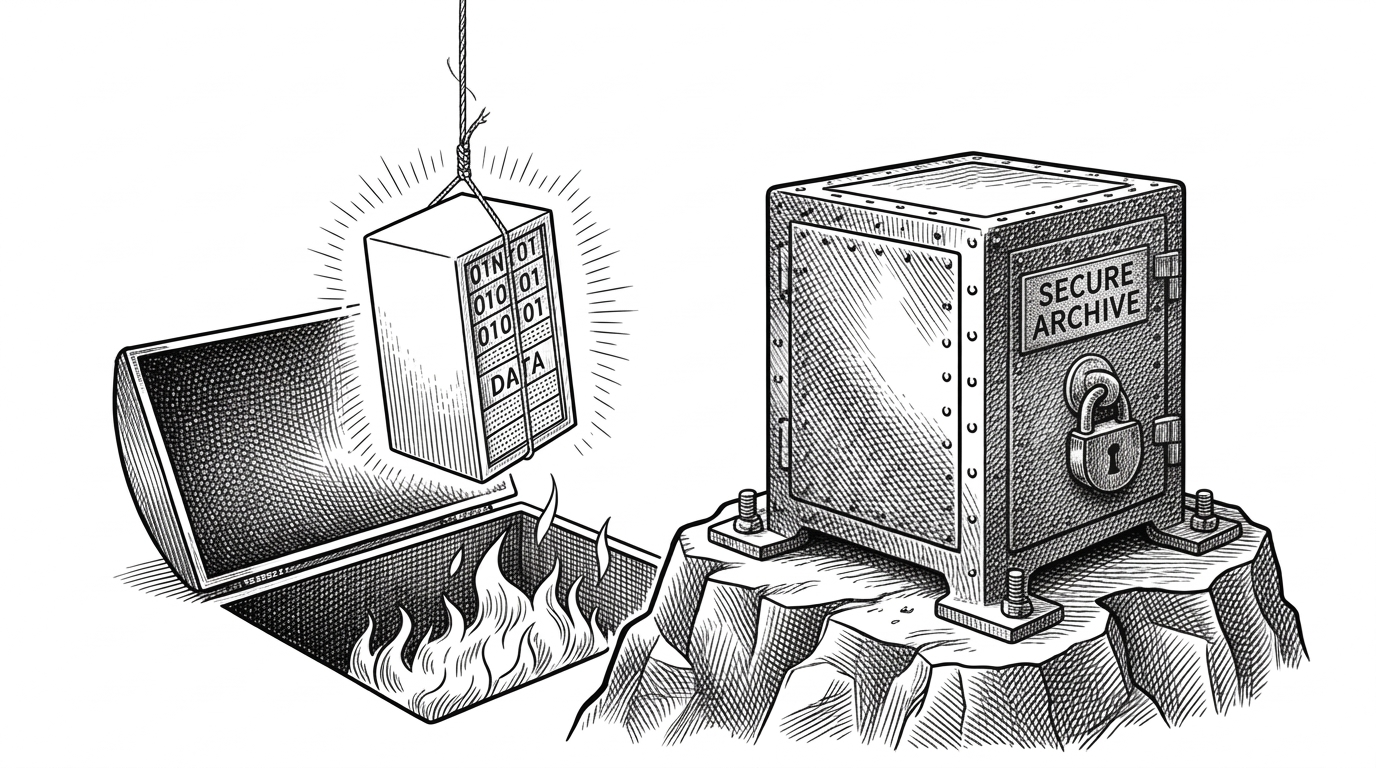 A pristine server rack suspended by a thread over an incinerator, next to an immovable iron safe bolted to bedrock, illustrating the separation of ephemeral compute and persistent state.