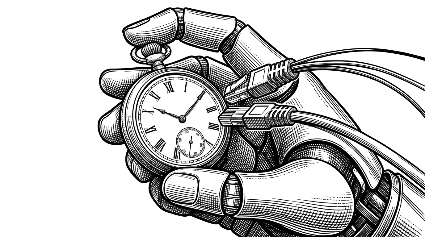 A mechanical hand holding an antique pocket watch connected to a modern data cable, symbolizing the ingestion of human metrics into a digital system.