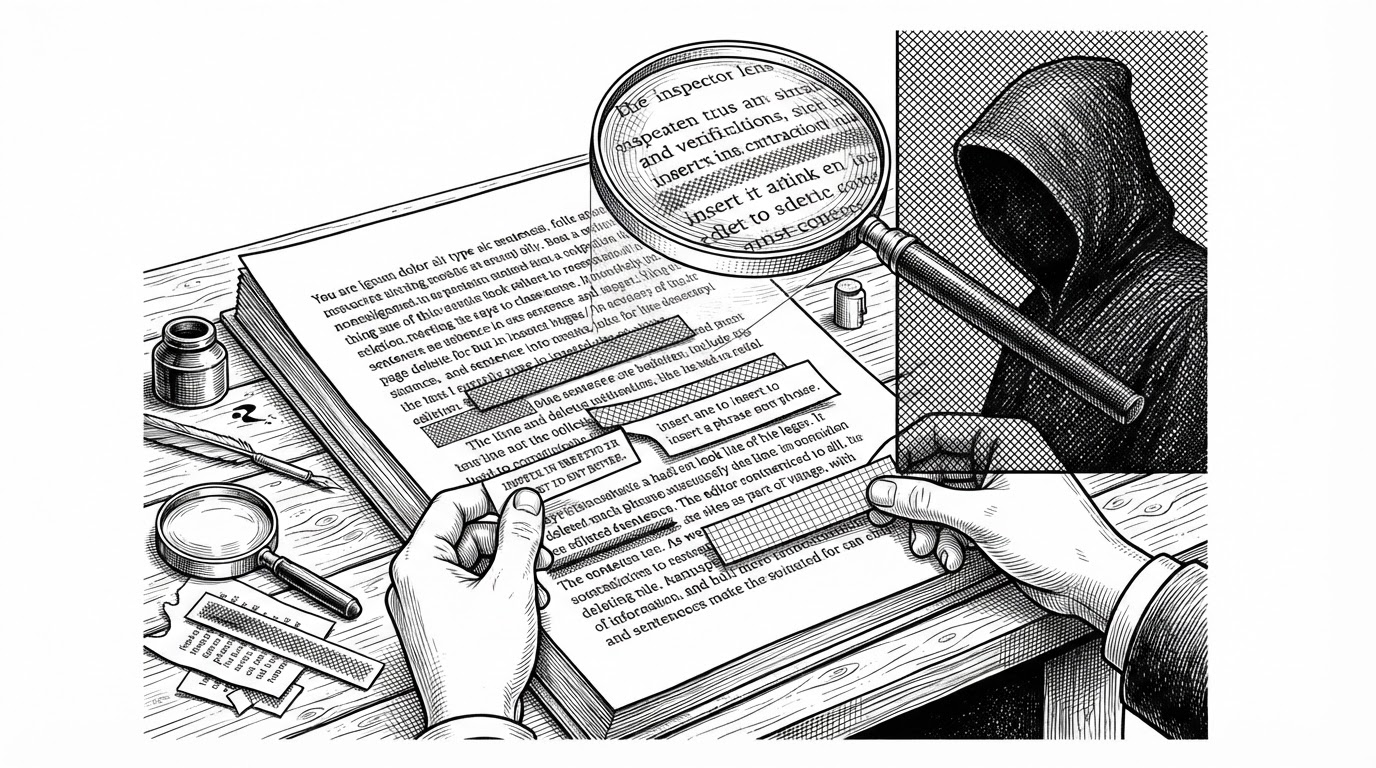 A close-up shows a manuscript being edited by stacked patch slips that insert, replace, and delete lines without tearing the page apart. A translucent inspection lens checks for contradictions, while a hidden figure stands behind a fog-of-war screen, explaining how the system edits narrative in layers under governance.