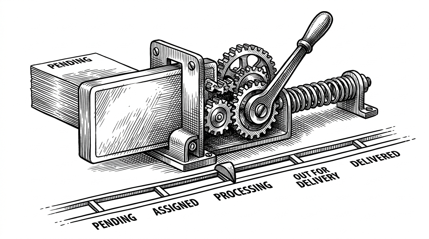 A close-up mechanical scene of an order card sliding from Pending to Processing. A lever labeled by role-based assignment pushes the card across a rail of delivery states. The image explains that in KasdraMart, assignment is not cosmetic metadata. It changes the order’s operational status.