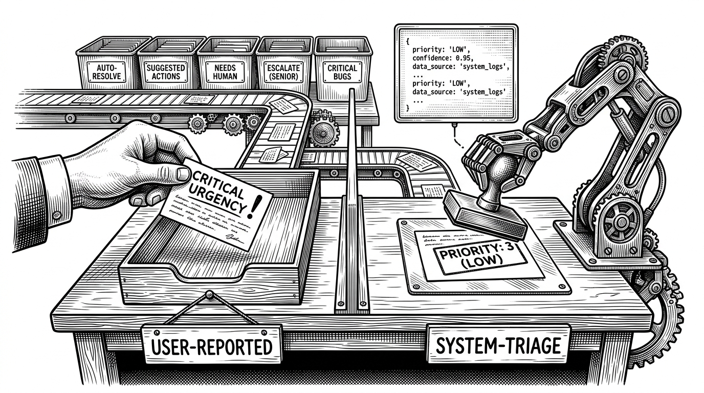 A wide helpdesk scene split into two lanes. One lane shows a user dropping in a complaint card marked with self-reported urgency, while a mechanical arm stamps the same card into a different priority before it joins a queue of bins for auto-suggest, needs human, and escalate. The image explains that the system does not just collect tickets. It actively decides how they should move.