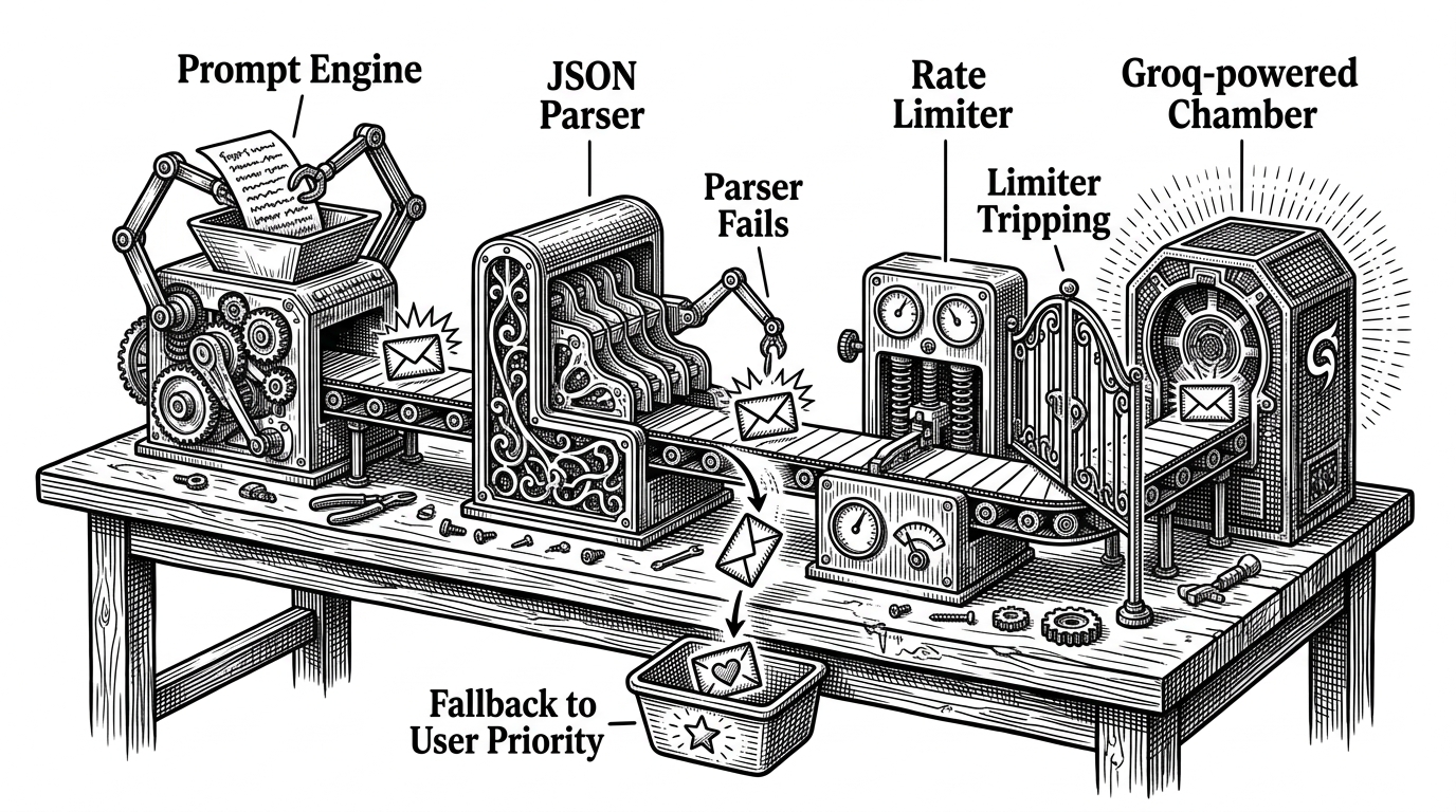 A close-up workbench scene shows three connected machines in sequence. A prompt engine feeds a JSON parser, which feeds a rate limiter before the complaint packet reaches a Groq chamber. One branch falls into a catch tray for fallback to user priority, and another gate shuts when the limiter trips. The image explains that the AI only operates inside a constrained pipeline.