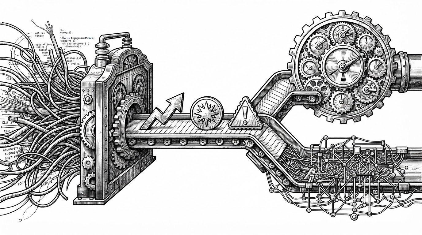 A close-up cross-section of a pipeline where raw telco fields enter a transformer gate and emerge as stamped feature tokens labeled CLV, EngagementScore, and ContractRiskScore. The tokens then split into two tracks, one for prediction and one for explanation, showing how business logic shapes the model before inference.