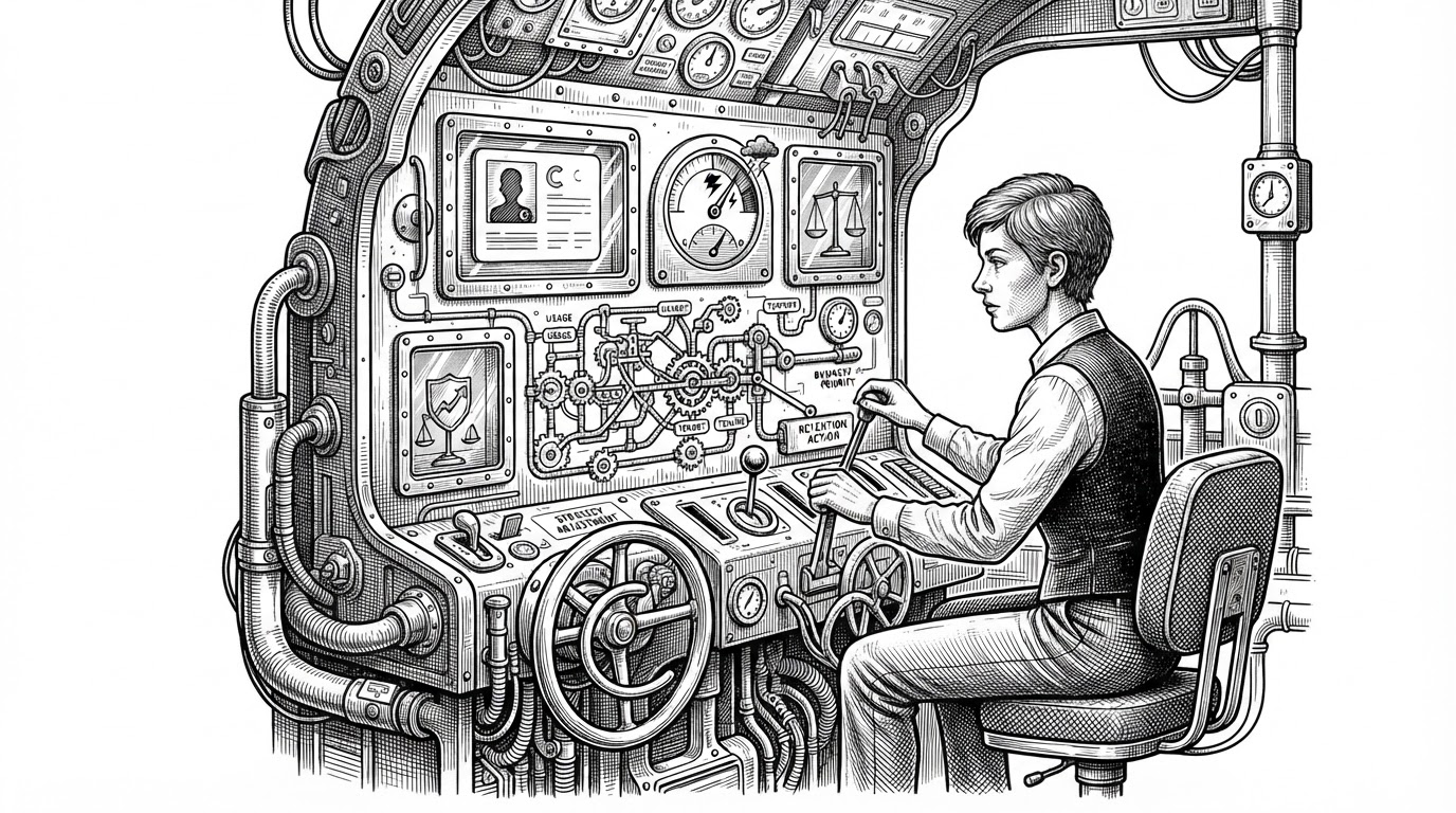 A retention analyst studies a mechanical cockpit of gauges, dials, and linked indicators. One window shows a customer profile, another shows model confidence, another a business risk meter, and thin threads connect feature labels to a single action lever. The image explains that this repo turns churn prediction into a decision system, not just a dashboard.