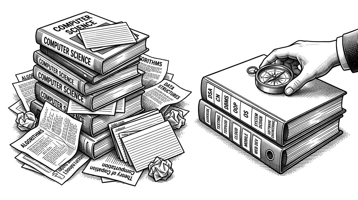 A wide desk scene with stacked textbooks and loose index cards on one side, and a single tabbed binder on the other. The binder is organized into CS subjects, showing a shift from scattered resources to a navigable prep system.