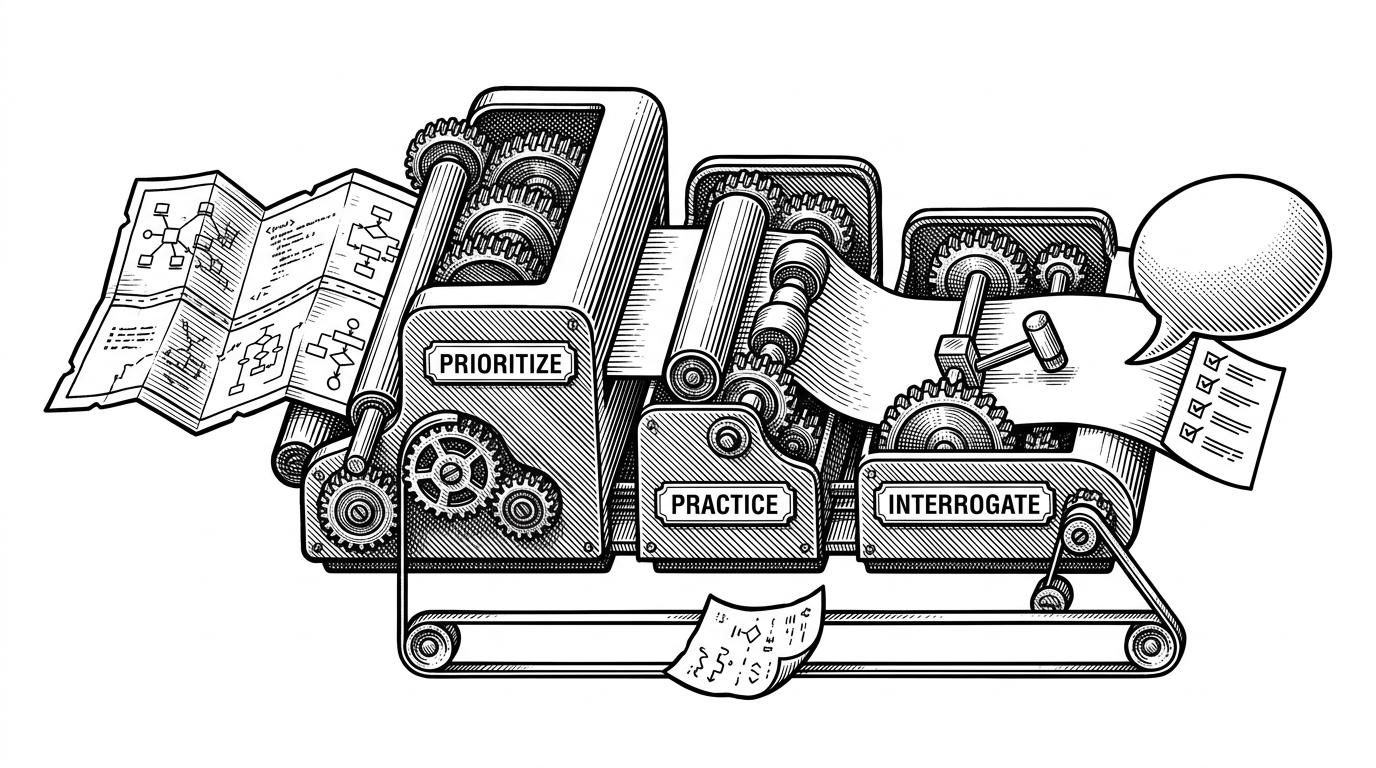 A close-up of a paper roadmap feeding through three mechanical stages into a mock interview loop. The stages suggest prioritizing, practicing, and being questioned, showing how notes become active rehearsal.