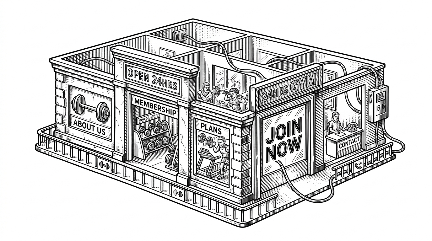 A tiny storefront modeled like a gym, but the interior is organized like a web page. The front entrance maps to the hero section, the rooms inside become about, plans, and contact, and a thin rail suggests persistent navigation. It explains how a minimal stack can still feel like a complete conversion experience.