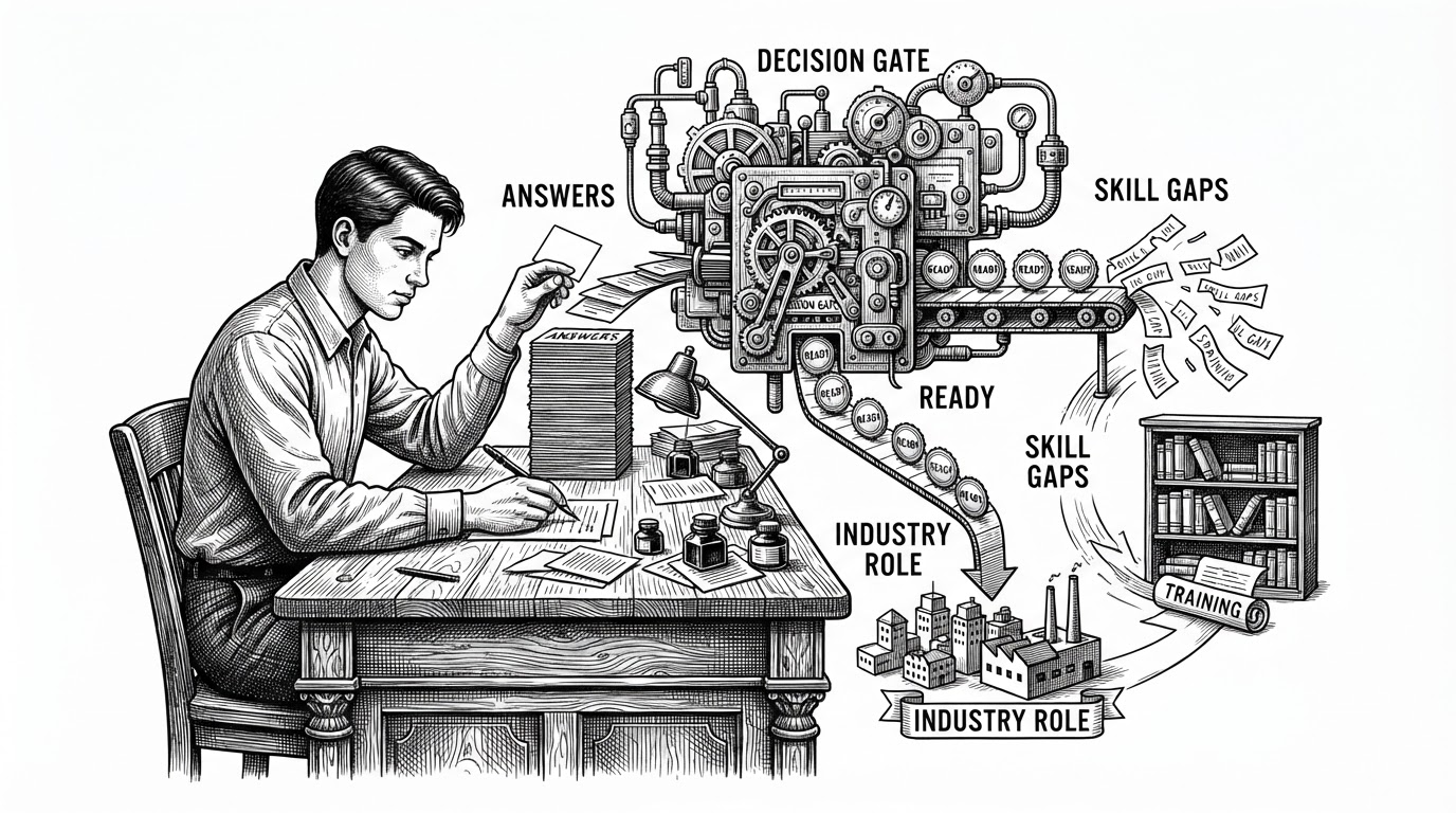 A student sits at a desk while assessment cards feed into a branching set of roadmap paths and readiness badges. The scene shows how structured answers are transformed into a personalized placement outcome, not a generic quiz result.