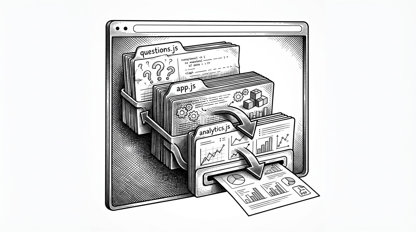 A browser window is shown in close-up as stacked layers of question data, application logic, and analytics flow through a tidy circuit. The visual explains how a small codebase can produce assessment, reporting, and export features without a heavy backend.