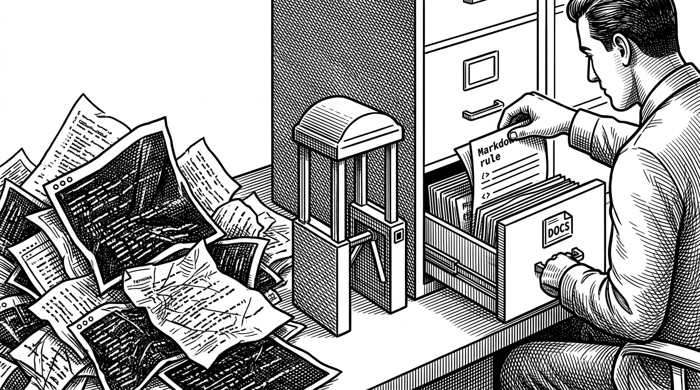 A coding agent sits at a desk beside a split repository drawer. On one side is a messy stack of failed terminal attempts and scattered command notes. On the other side, a clean Markdown rule is being filed behind a small checkpoint gate, showing that only proven lessons enter the repo. The scene explains that this project promotes hard-won knowledge instead of merely storing session noise.