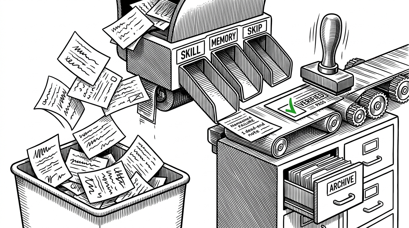 A close-up mechanical sorting machine with three input chutes labeled skill, memory, and skip. Cards fall in from above, but only the card marked by a green check, a named failure, and a ruled-out dead end is stamped and routed into the skill chute. The image explains the repo's discipline gate and why only proven workflows are promoted.