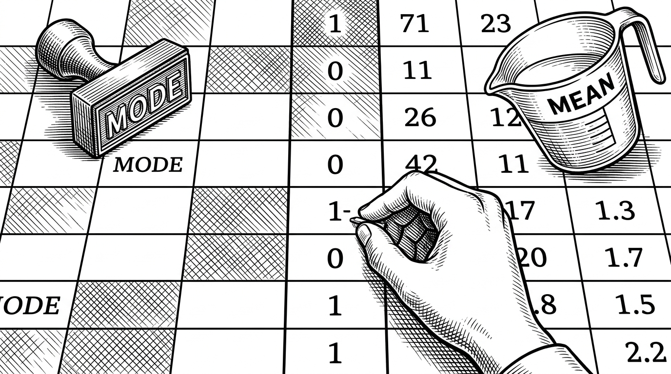 A close-up editorial illustration of a dataframe grid split into categorical and numeric lanes. Categorical cells are filled by a rubber stamp labeled mode, while numeric cells are poured into by a measuring cup labeled mean. One target column is being converted into a binary 0 and 1 by a hand at the edge of the frame. The image explains how the pipeline cleans data by type before modeling.