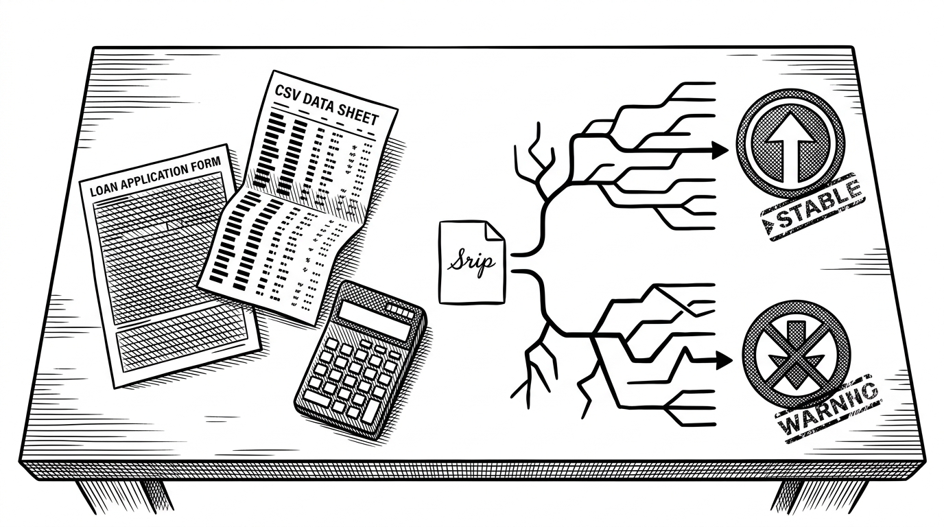 A wide editorial illustration of a desk with a loan application, a CSV printout, and a calculator on one side, and two diverging decision paths on the other. A hand-drawn script file sits between them like a simple machine, turning raw data into a stamped risk decision. The image explains how a tiny prototype can already behave like a credit decision engine.