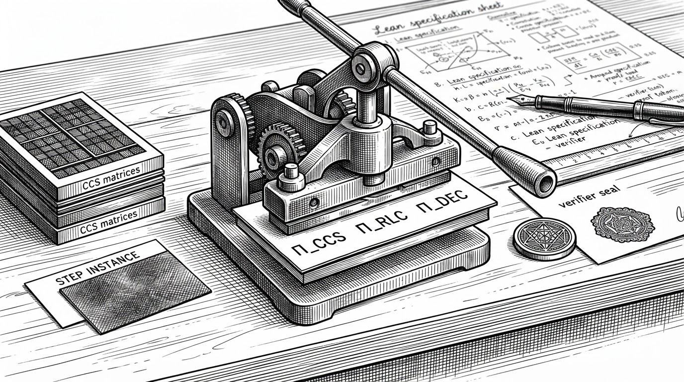 A close-up desk scene shows a three-stage proof machine with a step instance on the left, a folding press in the center, and a compact proof token on the right. A handwritten Lean sheet sits in the background, showing that the implementation is tethered to formal specification. The image explains how Nightstream turns a computation step into a recursively compressed proof.
