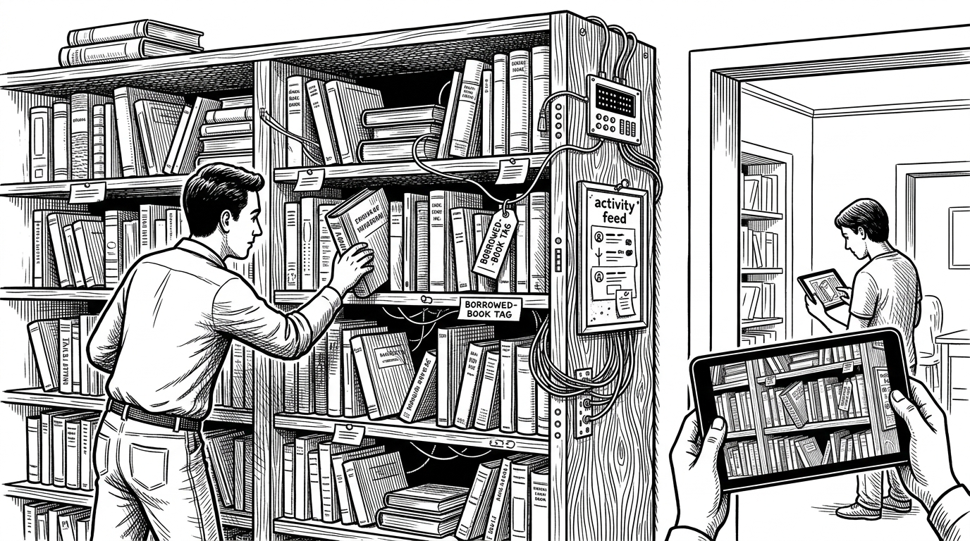 A wide domestic bookshelf is wired like a control room, with a person placing a book on one shelf while another person sees the same shelf update on a tablet in a separate room. The image explains that BookNest treats a library as a live shared system, not a static catalog.