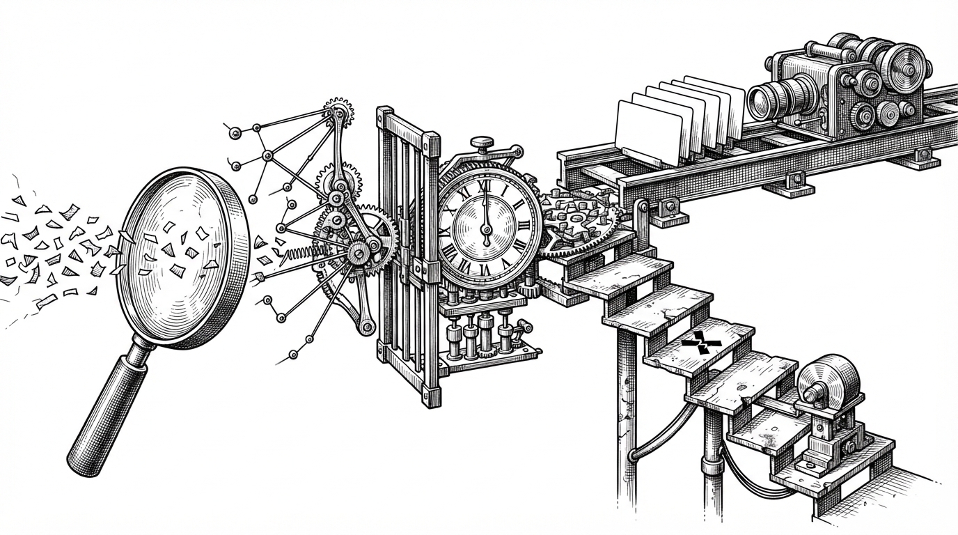 A close editorial view of a mechanical relay where live DOM mutations enter a lens, pass through a tagger, wait behind a timed gate, and then split into a context stack and a fallback ladder of models. One caption card is stabilized by nearby context while another drops to a backup provider after a rate-limit stamp.