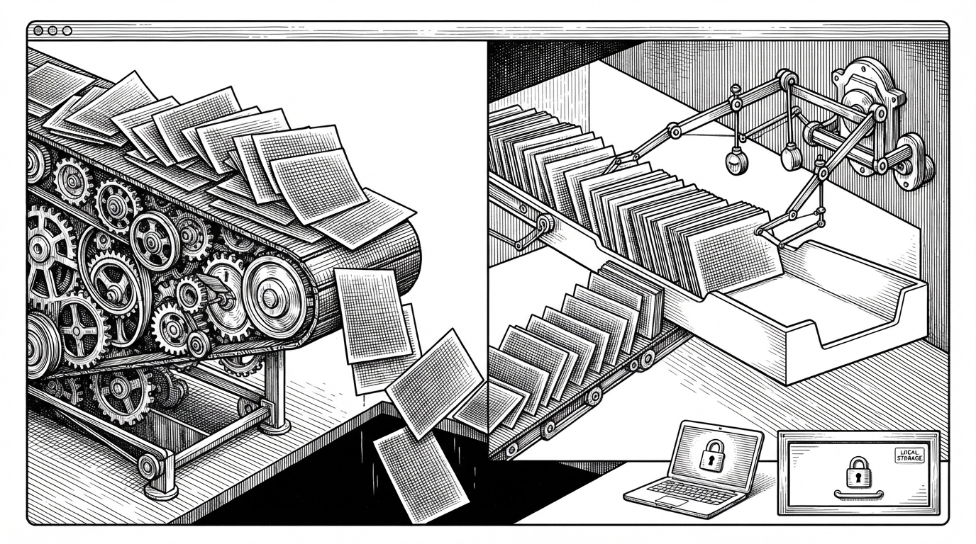 A wide editorial scene inside a meeting interface where a chaotic stream of caption cards enters from one side and only the visible cards are pulled into a clean translation path on the other. A locked local device sits beside the workflow, showing that the system keeps the meeting data on-device while it schedules translation by attention rather than by arrival order.