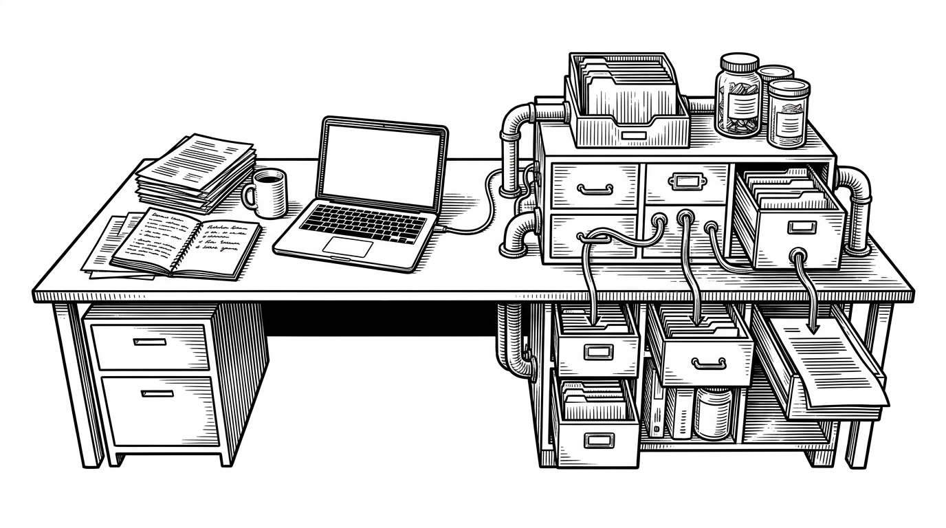 A wide editorial scene shows a research desk split into two worlds. On one side are papers, a notebook, and a laptop. On the other side is a compact machine of drawers, sealed containers, and branching routes that turns a question into a finished report. It explains that the project is about research choreography, not a chat window.