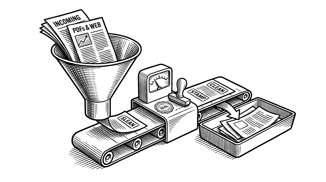 A close-up shows articles, PDFs, and web pages entering a funnel. A scoring gauge decides which sources earn a verified stamp and which ones are pushed aside into a reject tray. It explains that source quality is a first-class step, not an afterthought.