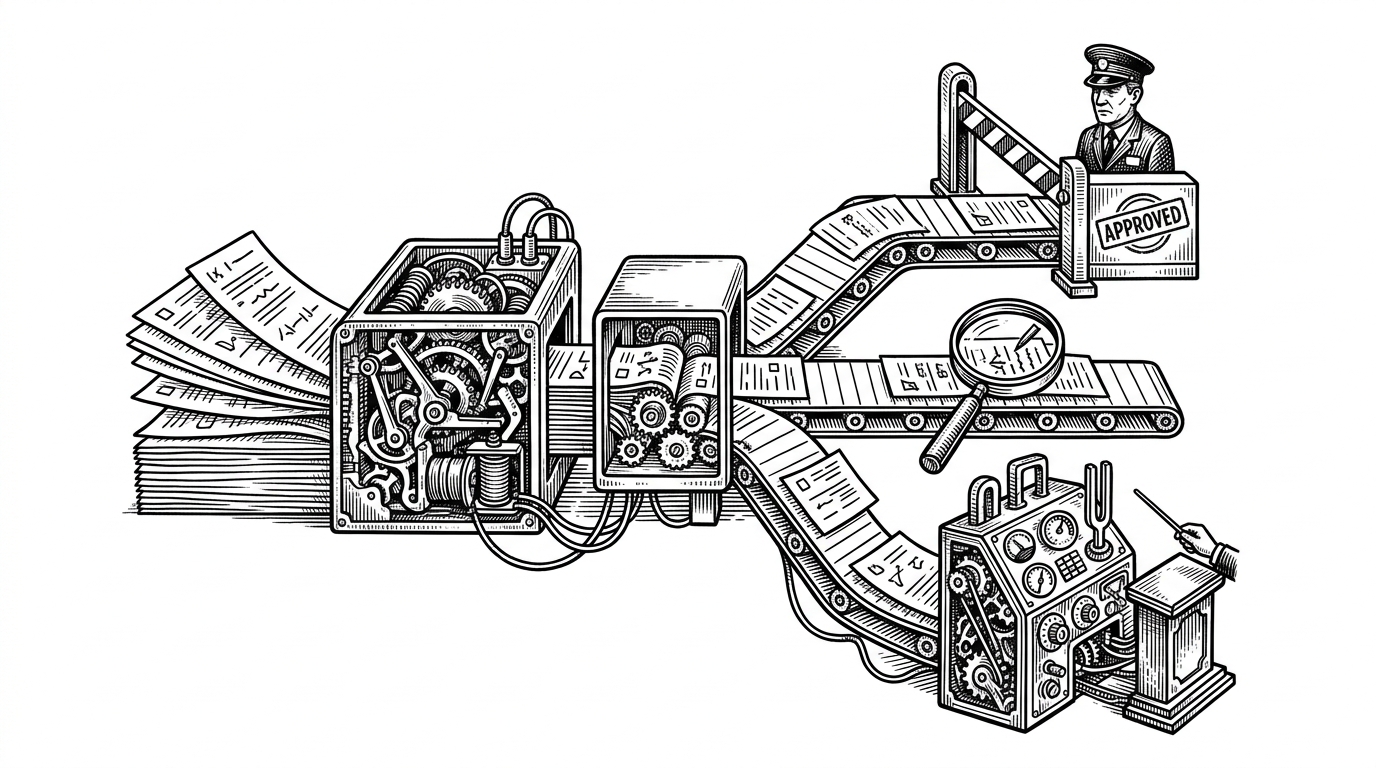 A black-ink editorial scene shows a terminal-like machine built from stacked cards, gates, and conveyor belts on a pure white background. It explains that the repository treats prompts as modules that are assembled into a working system instead of being written as one monolith.