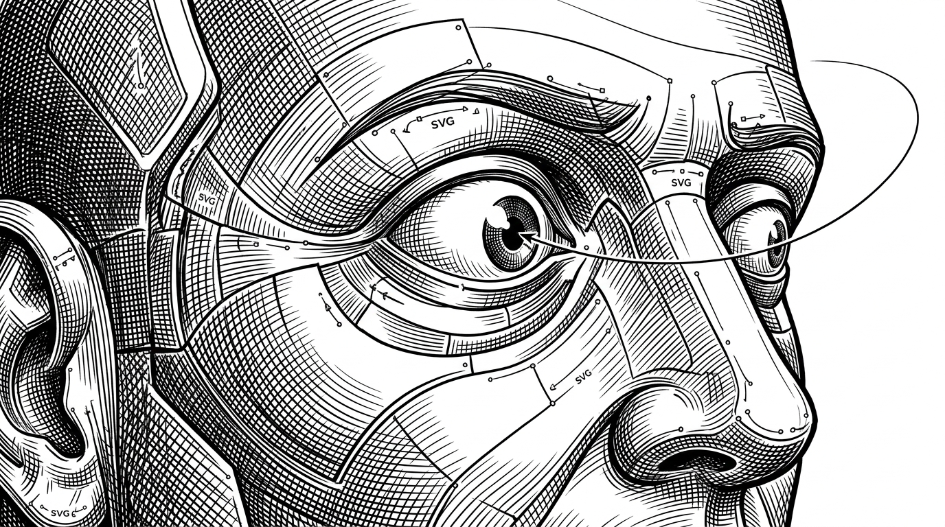 An extreme close-up of a character eye and cheek, with the pupil pulled slightly off center by a nearby cursor-like force. The image explains how a small lagged interpolation can make pointer tracking feel organic instead of robotic.