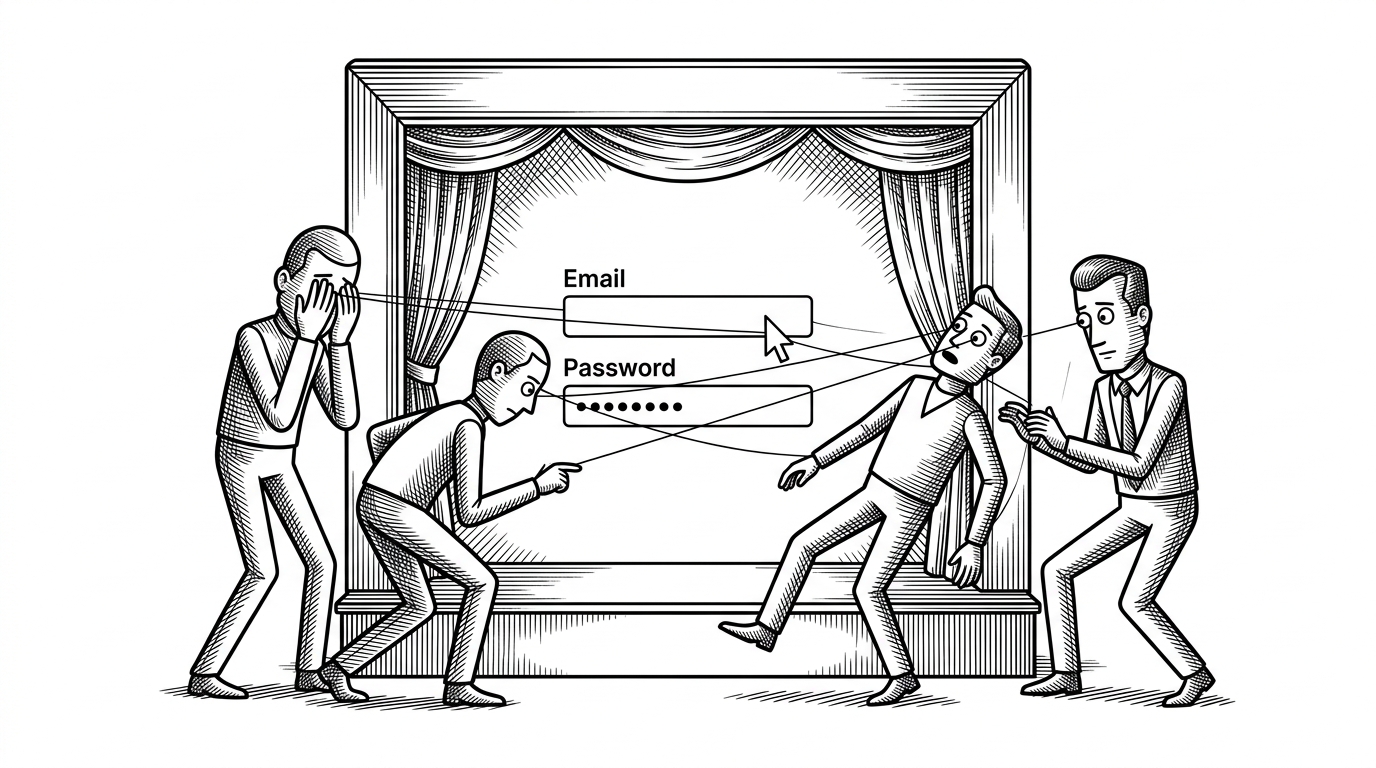 A login form staged like a puppet theater, with four geometric characters leaning toward the email and password fields as if the inputs are controlling them. The scene explains how the project turns ordinary form state into visible personality instead of hiding the interface behind a static panel.
