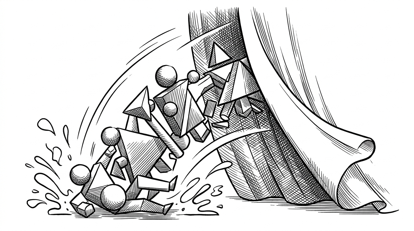 A final action scene where the characters tumble downward as a white wipe sweeps across the stage. The image explains that the success state is a reset sequence, not a decorative dead end.