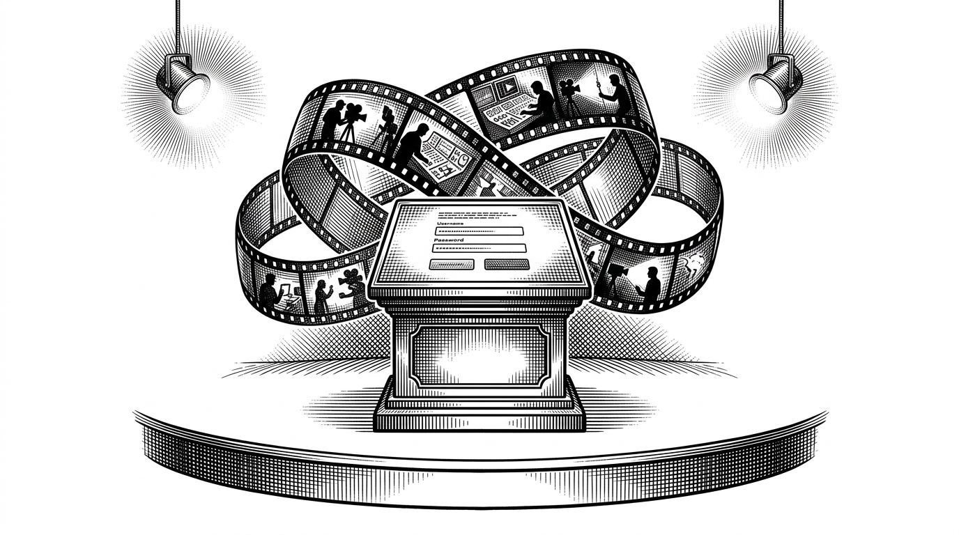 A theatrical landing page staged like a proscenium, with a centered signup form glowing against a deep backdrop. It explains how atmosphere can make an unfinished product feel credible before any feature depth exists.