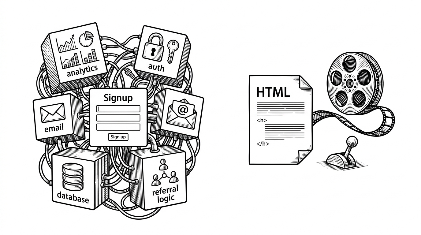 A split composition showing two different launch philosophies. One side is a cluttered stack of separate moving parts feeding a signup form, while the other side is a single sheet with one video reel and one motion lever. It explains the trade-off between feature-heavy waitlists and a presentation-first landing page.
