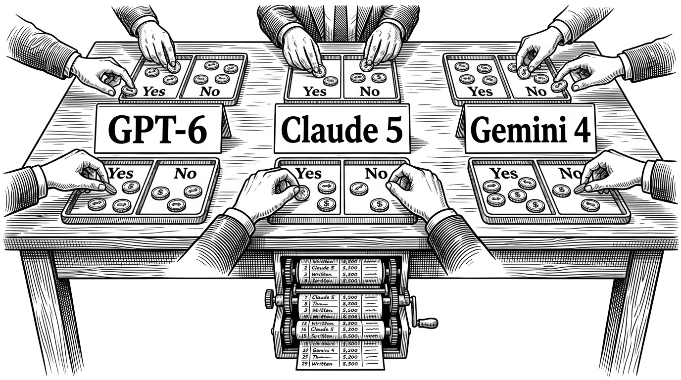 A wide editorial scene shows an AI release board as a live market, with placards for future model names and hands pushing tokens across a tabletop. The image explains that BetRelease treats speculation about AI timelines like a public trading floor, not a financial exchange.