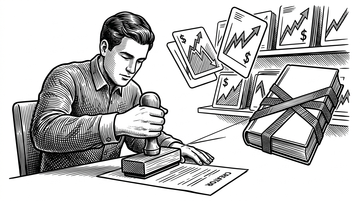 A medium-distance scene shows a creator at a desk stamping a resolve document while the market behind them freezes into a settled state. The image explains the creator-as-oracle model, where resolution is a deliberate human decision instead of an external data feed.