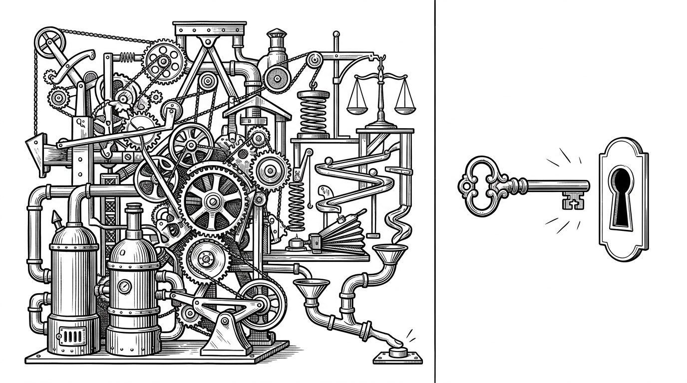 A massive Rube Goldberg machine contrasted with a simple, elegant skeleton key.