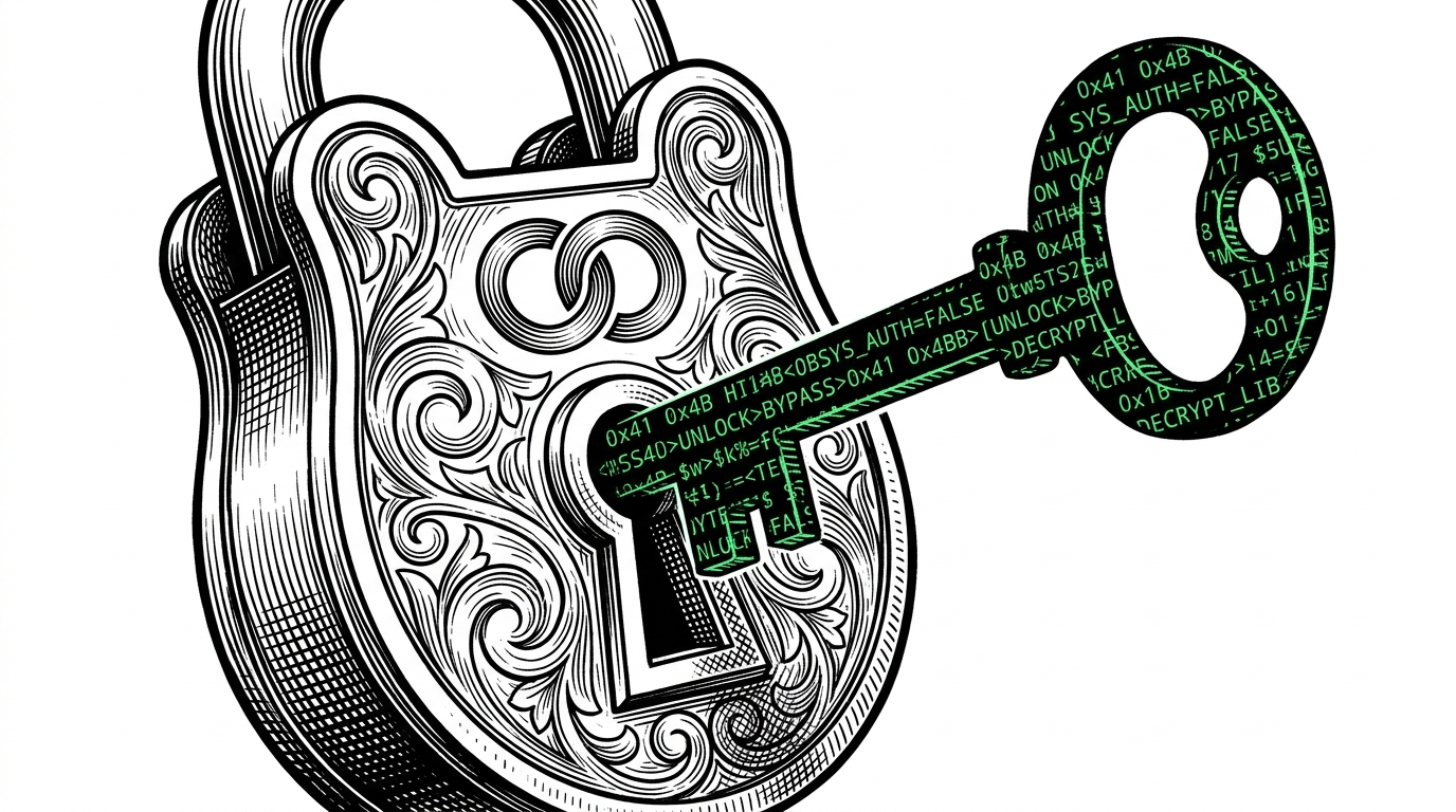 An illustration of a mechanical lock being picked by a skeleton key made of code.