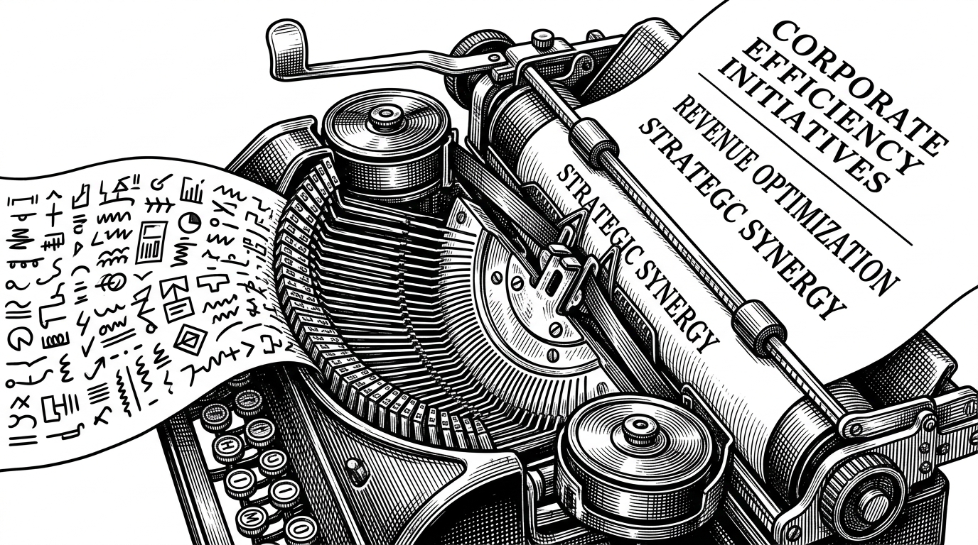 A complex mechanical typewriter carriage crushing corporate typography into dense shorthand symbols.