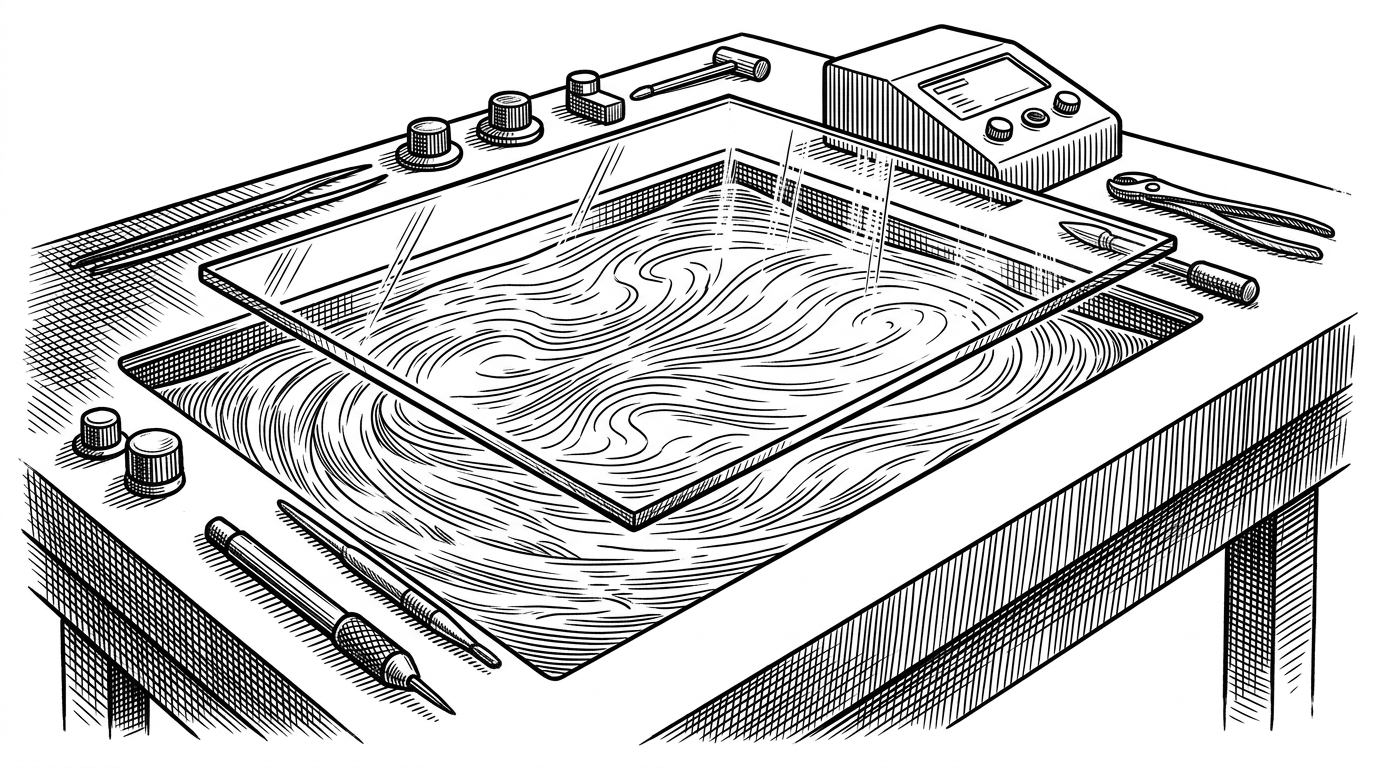 A wide editorial scene of a glass panel hovering over a rippling fluid surface on a white workbench, surrounded by a few precise knobs and tools. The image suggests that the simulation, the editor, and the interface are all part of the same instrument.