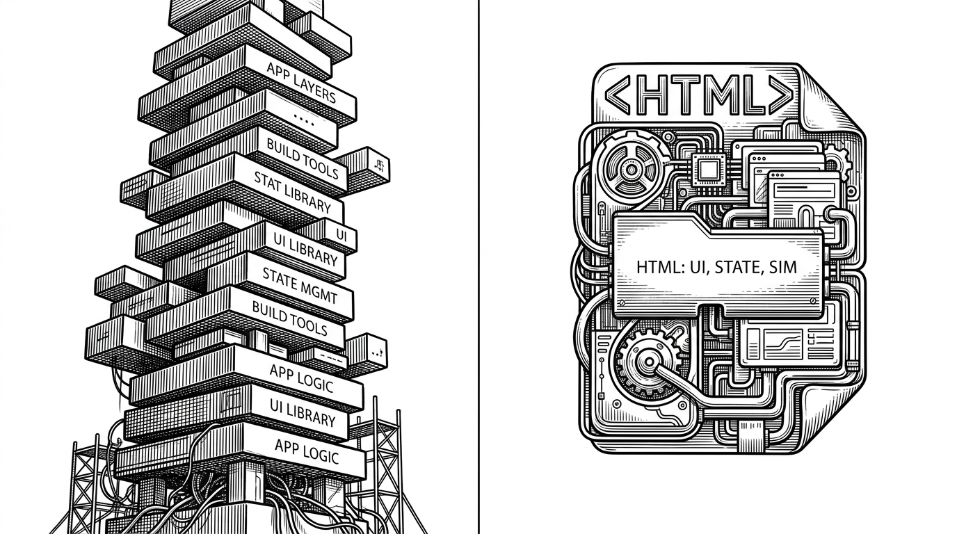 A split editorial scene that contrasts a tall stack of disconnected app layers on the left with a single folded sheet of HTML on the right. The image explains the trade-off between a complex toolchain and a compact, self-contained app.