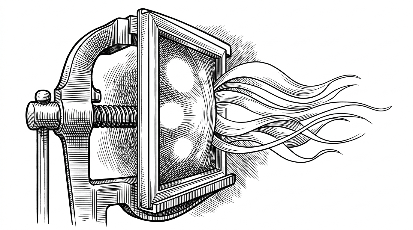 A close-up shows a canvas window trapped in a vertical press, where round pools of light are squeezed into thin, floating bands. The image explains the core aurora trick: the ribbon effect comes from transforming the drawing space before the gradients are rendered.