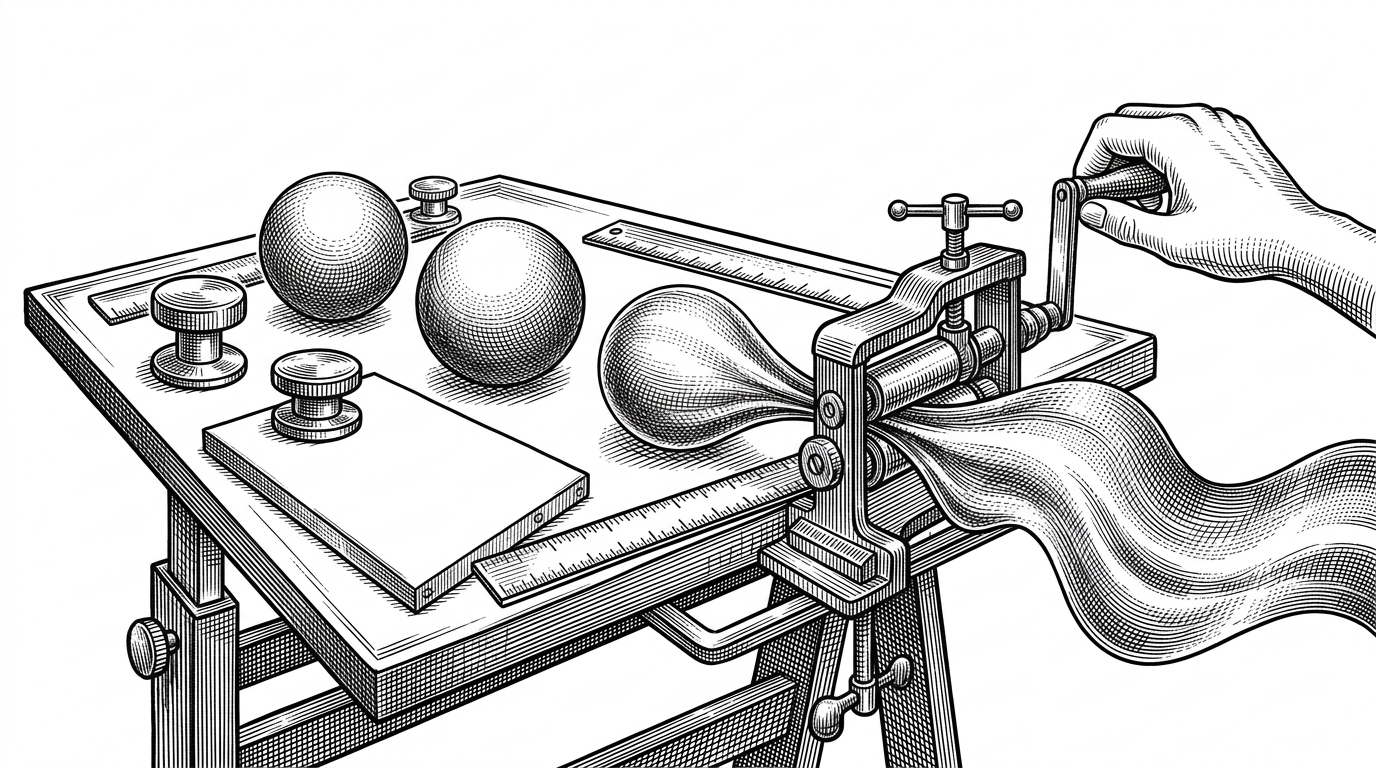 A wide editorial scene shows a drafting table turned into a gradient studio, with three luminous orbs arranged like design components and one band of light being pulled into an aurora shape by a mechanical press. The scene explains that the project is not a physics simulation, but a carefully composed visual instrument built from simple parts.