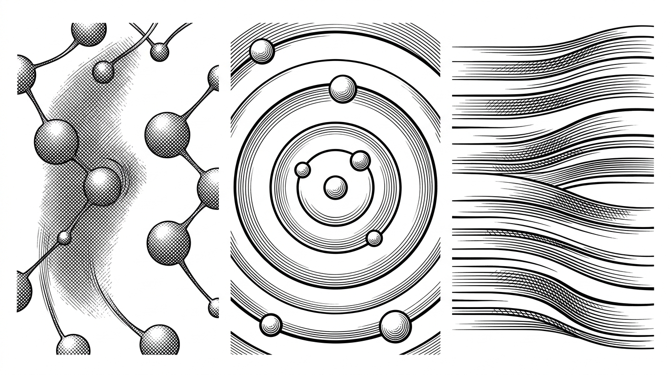 Three adjacent panels show three different node movements. One panel shows smooth drifting with boundary bounce, another shows circular orbital motion, and the third shows horizontal streaming that becomes stretched aurora ribbons. The illustration explains that the same visual system feels different because the motion model changes beneath it.