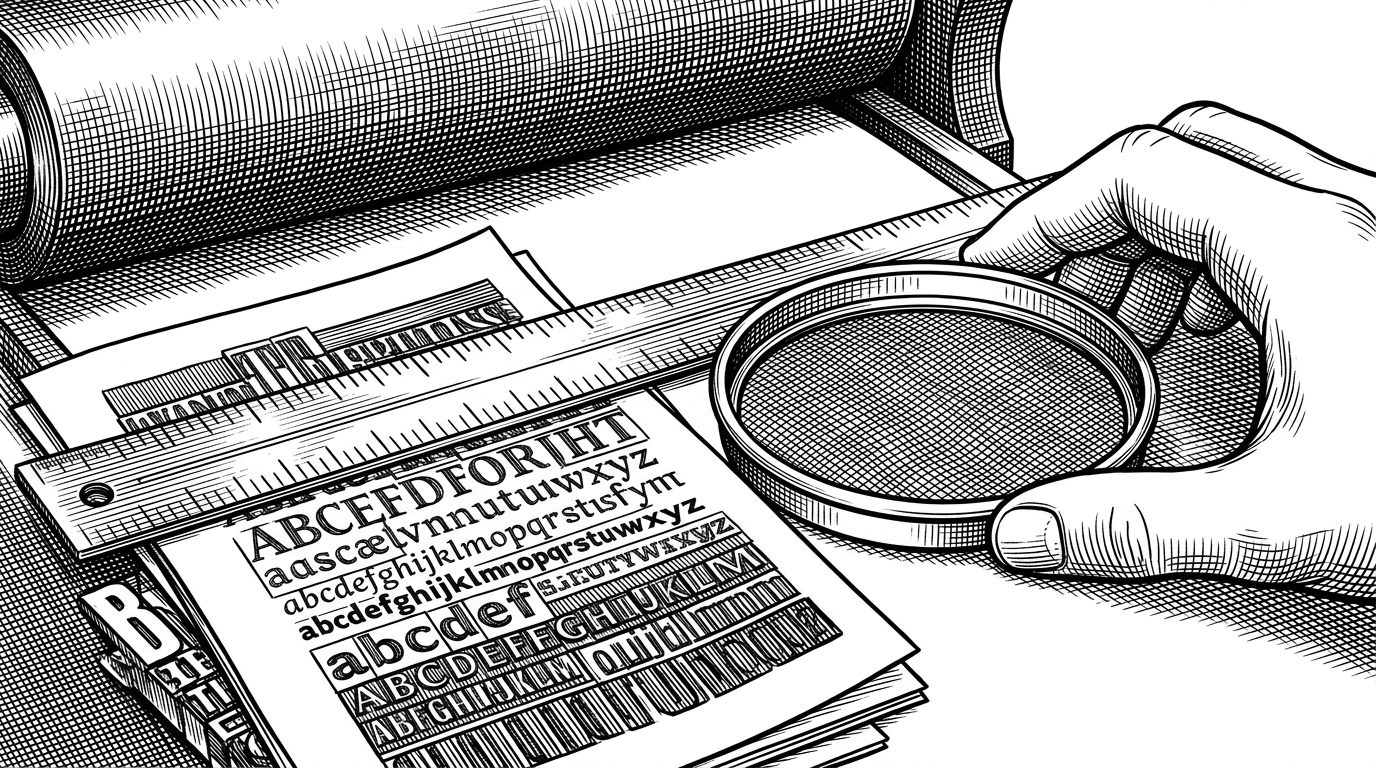 A close-up of a print shop calibration scene with a ruler, a type scale, and a grain filter being adjusted by hand. It explains how texture and typography, not color, create the template's premium feel.