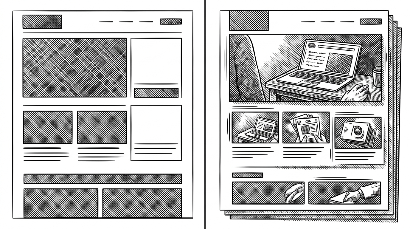 A split black-ink scene showing a plain starter page on the left and the same page animated into a coordinated system on the right. It explains the difference between generic structure and a motion-led experience.