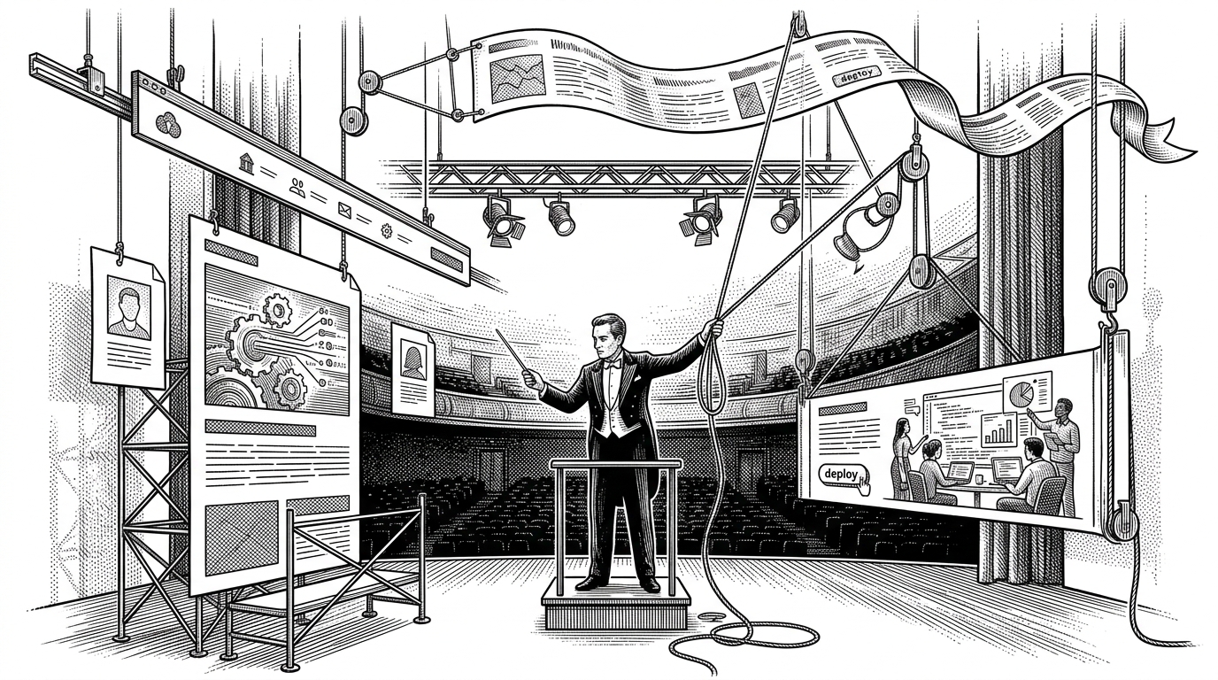 A black-ink stage set on white paper, with curtains, rigging, and a conductor directing moving page elements like preload, nav, hero, and work sections. It explains that the template's polish comes from coordination, not from isolated effects.