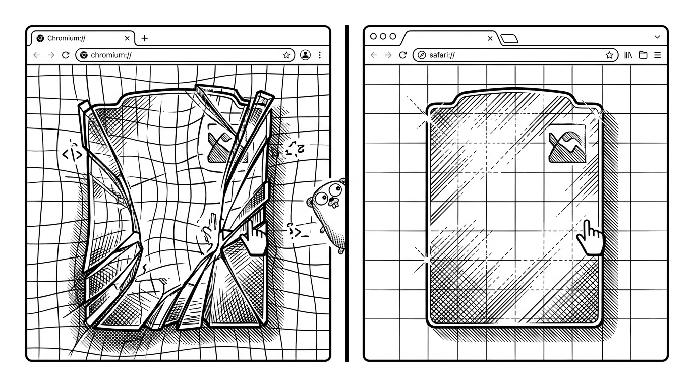 The same glass card appears in two browser contexts side by side. One version shows full refraction and edge splitting, while the other uses a lighter shimmer fallback, which makes the browser capability tradeoff easy to see.