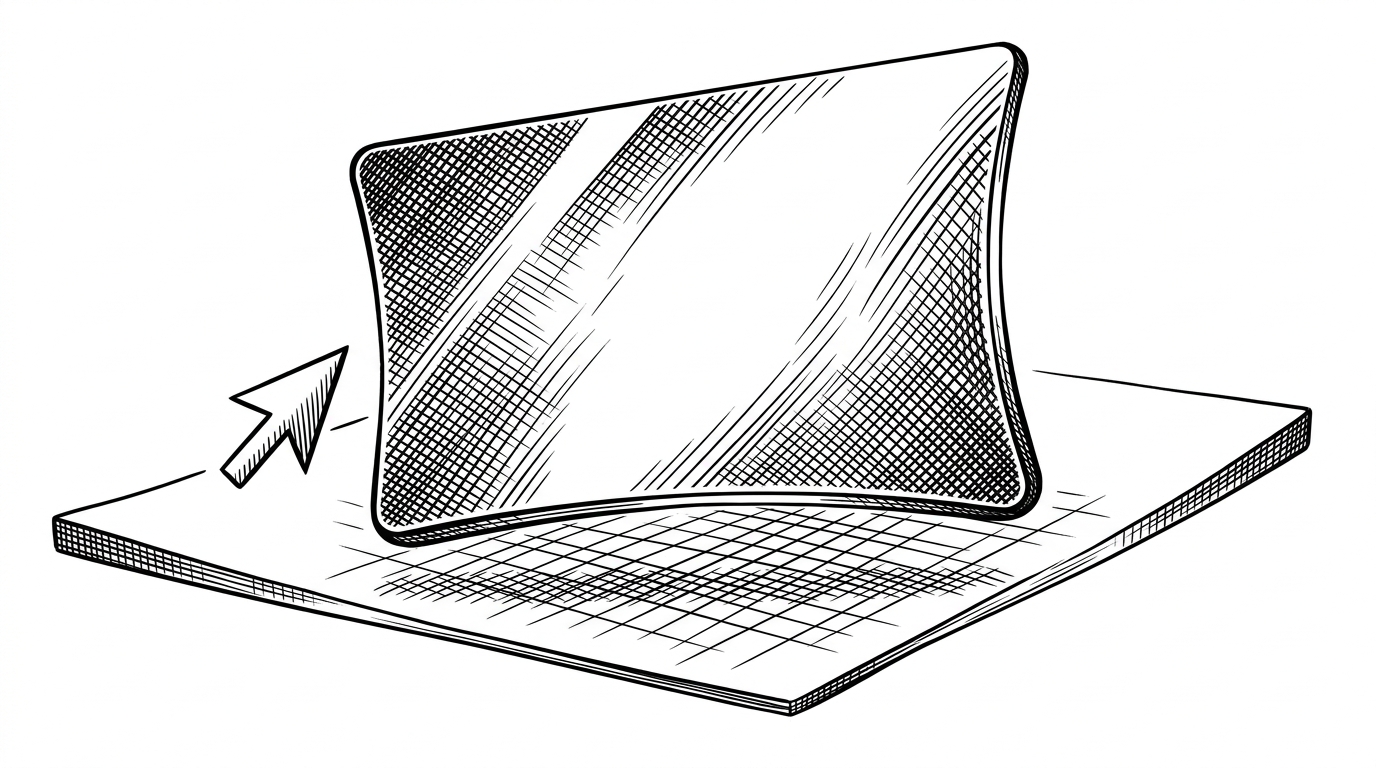 A glass card floats above a gridded surface as a cursor approaches from the side and the panel bows inward. The scene shows that the effect is not just blur, but a material response that changes with proximity.