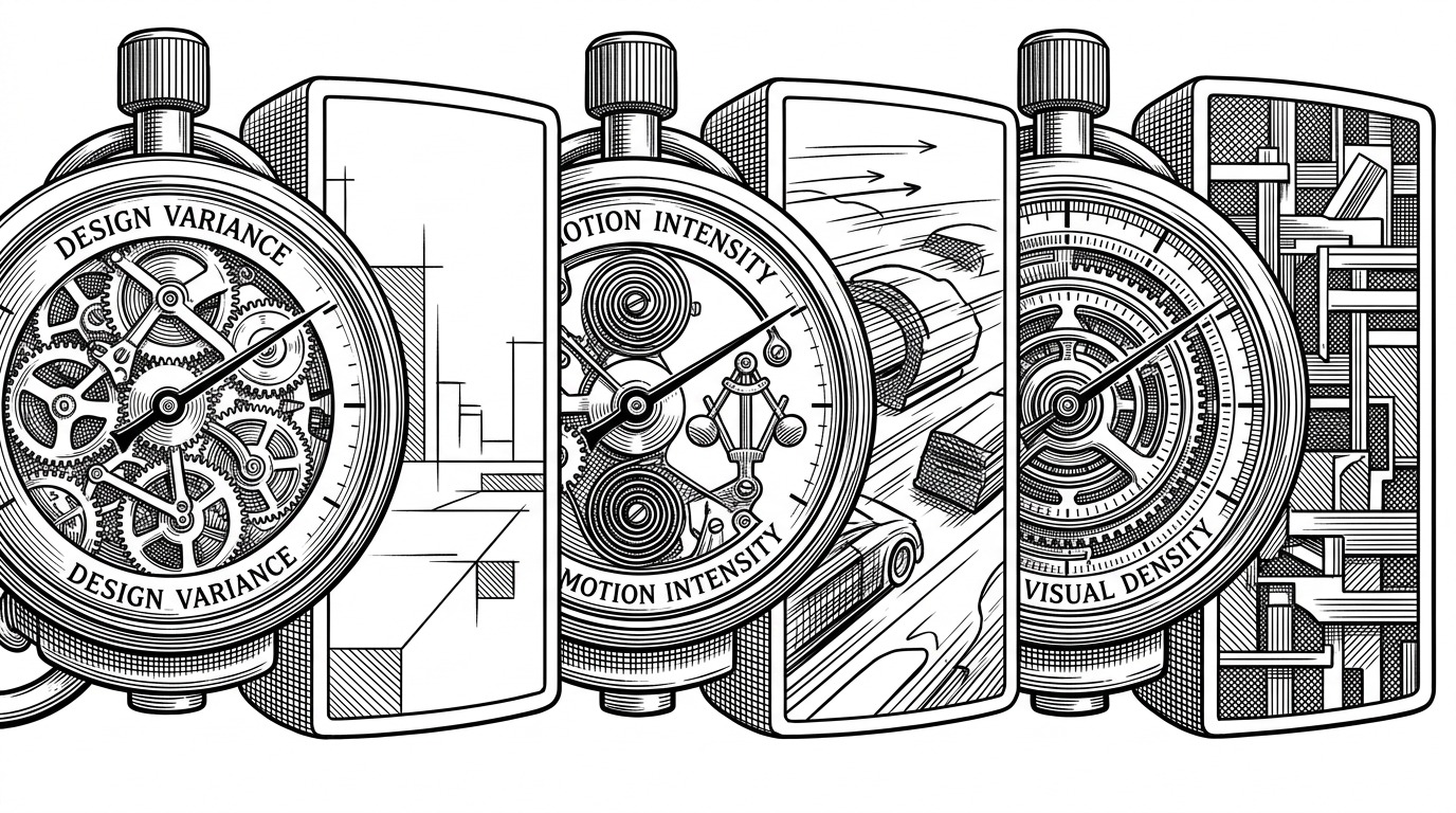 A close-up of three precision dials controlling a tiny interface panel beside them. As each dial turns, the panel changes from sparse to kinetic to denser and more editorial, showing how taste becomes a set of adjustable pressures.