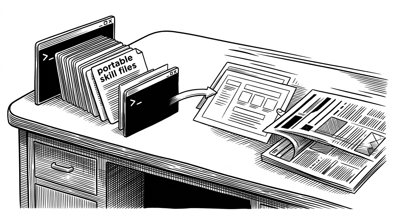 A desktop scene where instruction cards slide into an AI agent terminal while a bland interface is replaced by a more deliberate layout blueprint. The scene explains the repo’s core idea: taste is packaged as something you can install, not just admire.