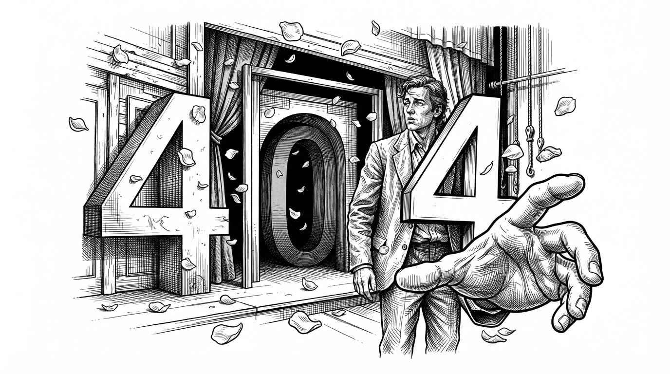 A theatrical 404 scene built as a layered stage set, with a foreground hand, a partially hidden figure, separated numerals, and drifting petals. The composition explains how depth can be faked by interleaving flat assets and letting motion make the stack feel physical.