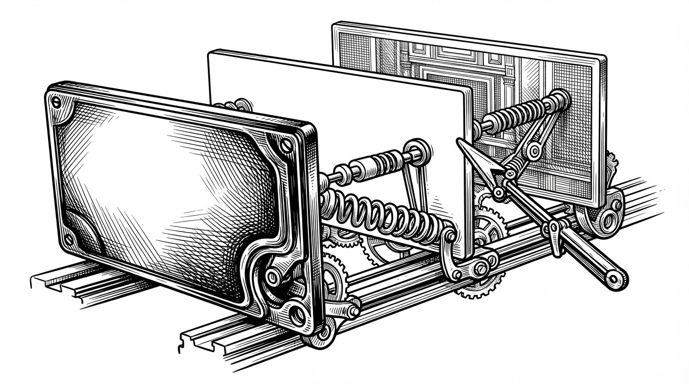 A close-up mechanical metaphor of three flat panels on rails, each moving with a different weight as a cursor-like point pulls them off center. The image explains that the page's depth effect comes from differential motion and easing, not from 3D geometry.